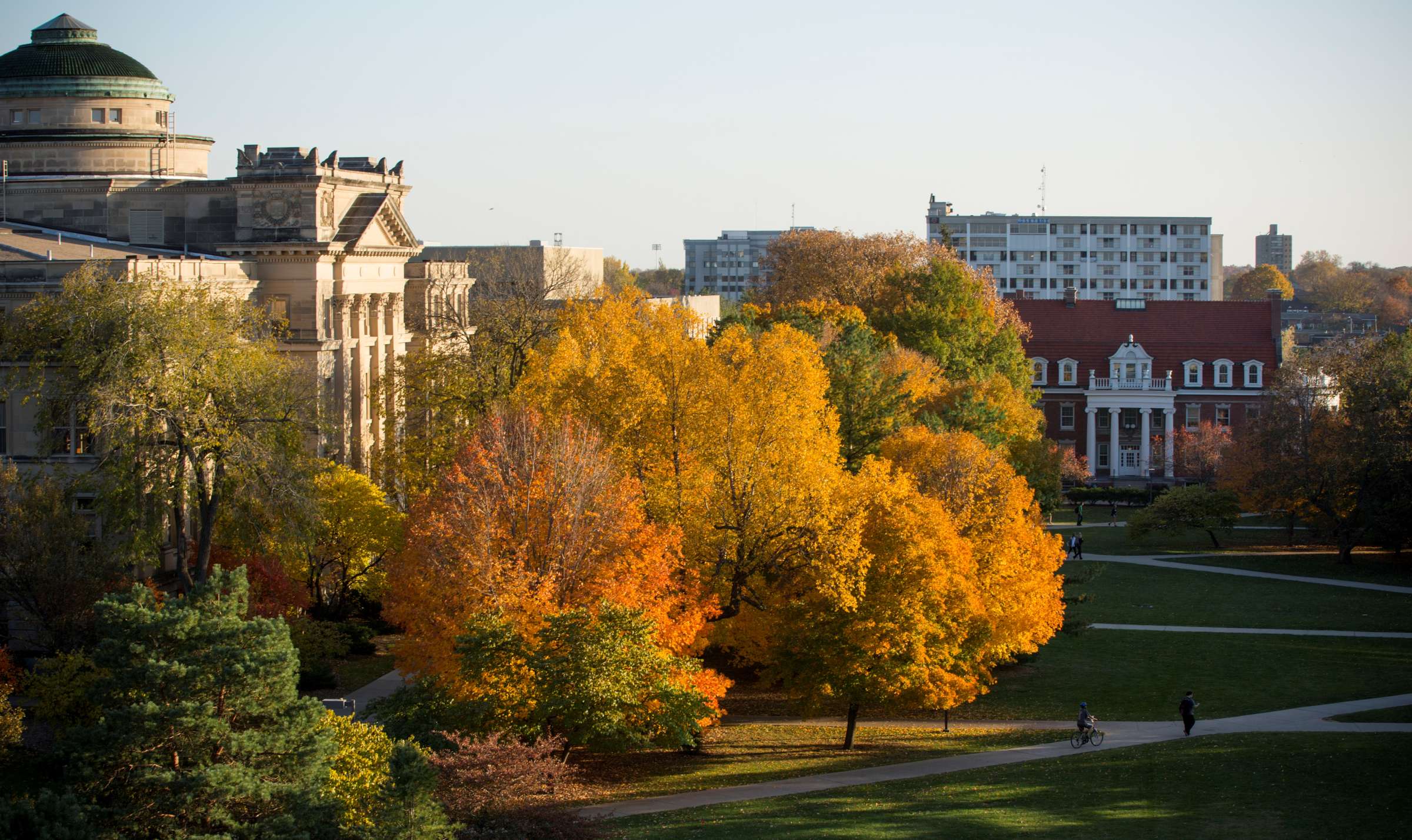 Overhead view of Iowa State University with fall leaves